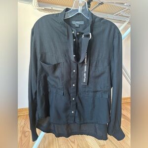 DIESEL Black Layered Utility Shirt Studded Snap Buttons Front Raw Hem Size S